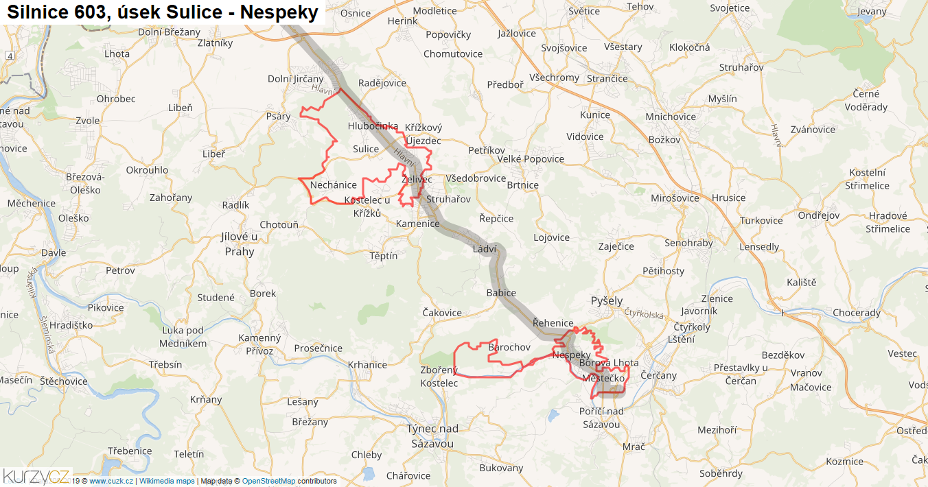 Úsek Sulice - Nespeky, Silnice 603 - Mapa