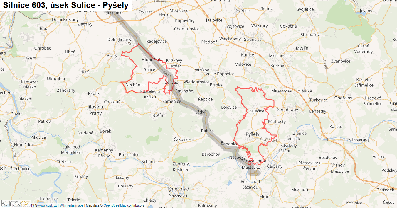 Úsek Sulice - Pyšely, Silnice 603 - Mapa