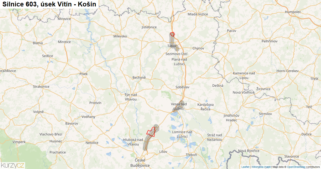 Úsek Vitín - Košín, Silnice 603 - Mapa