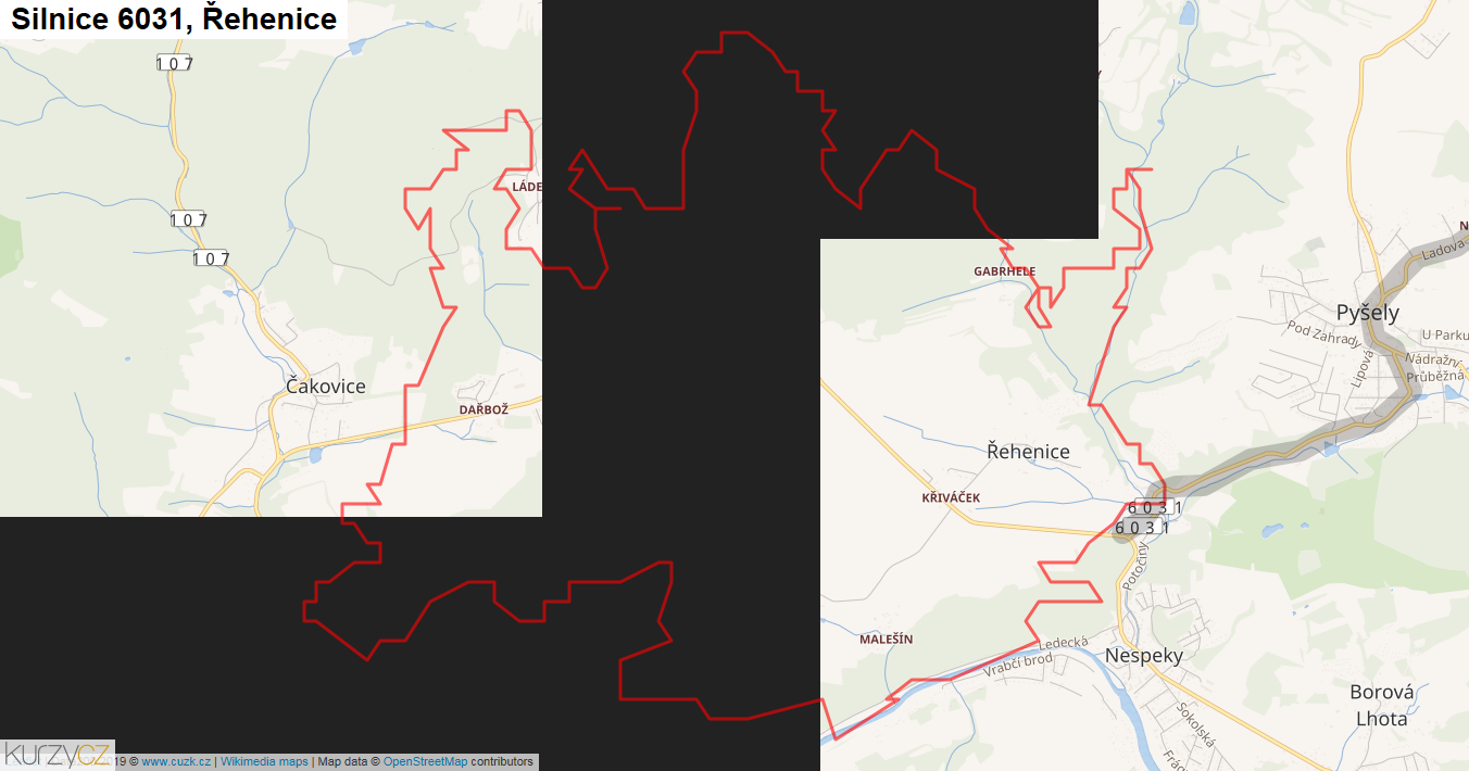Řehenice, Silnice 6031 - Mapa