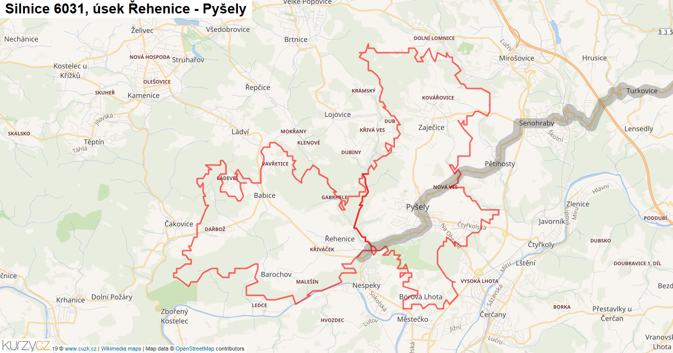 Úsek Řehenice - Pyšely, Silnice 6031 - Mapa