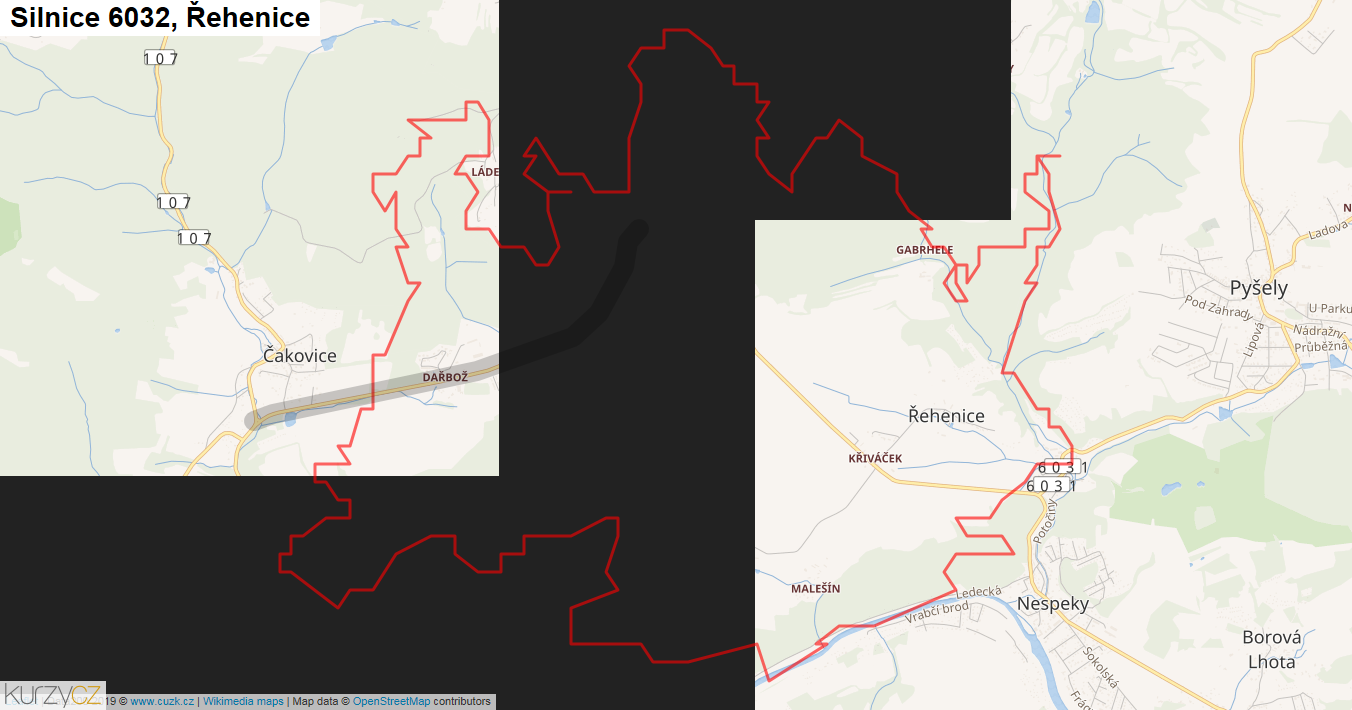 Řehenice, Silnice 6032 - Mapa
