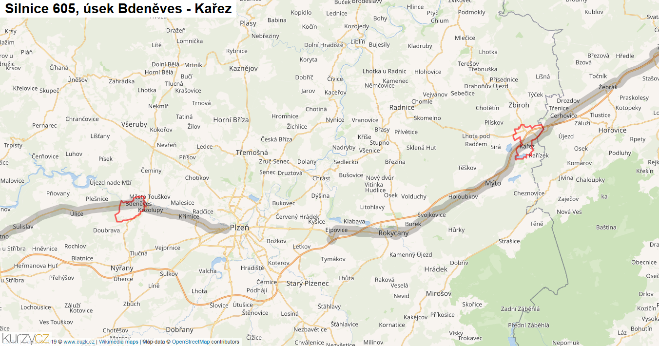 Úsek Bdeněves - Kařez, Silnice 605 - Mapa