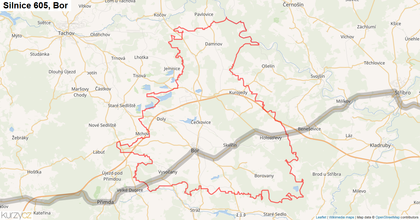 Bor, Silnice 605 - Mapa