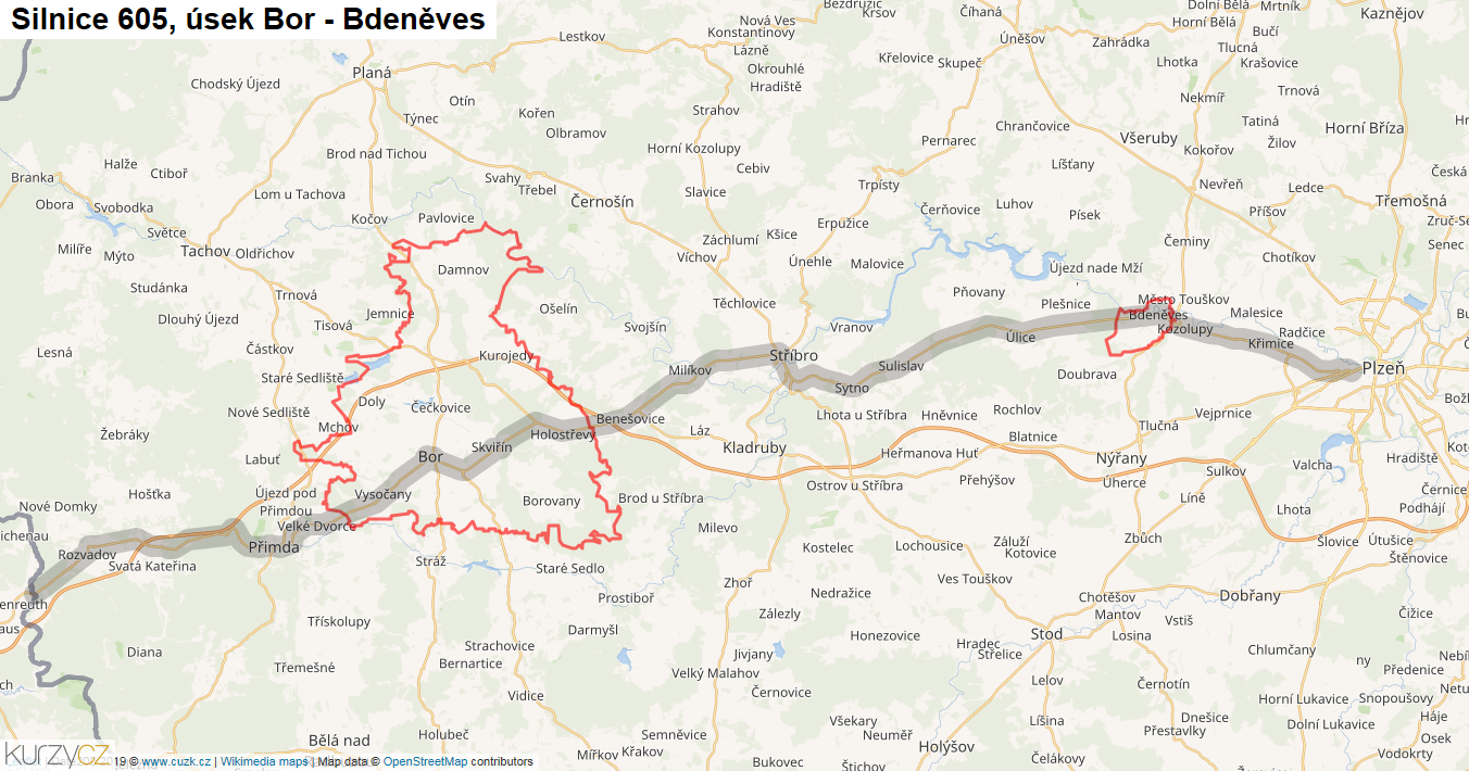 Úsek Bor - Bdeněves, Silnice 605 - Mapa