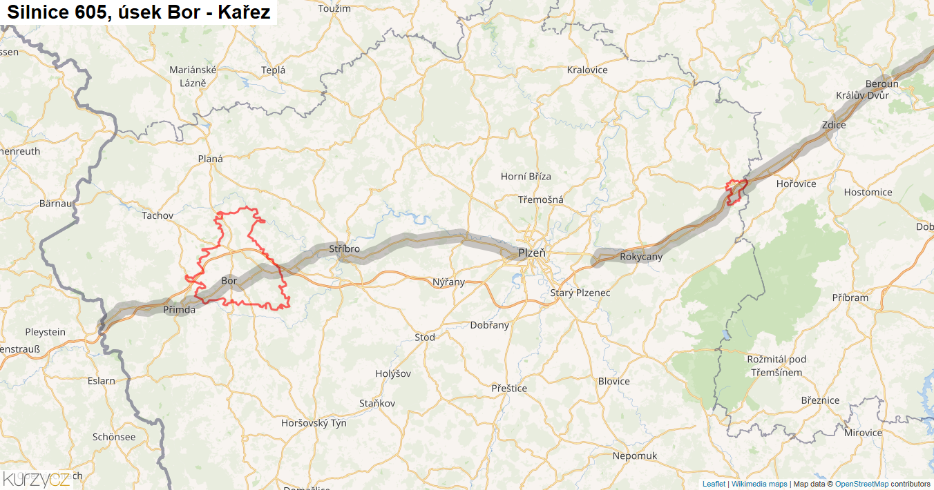 Úsek Bor - Kařez, Silnice 605 - Mapa