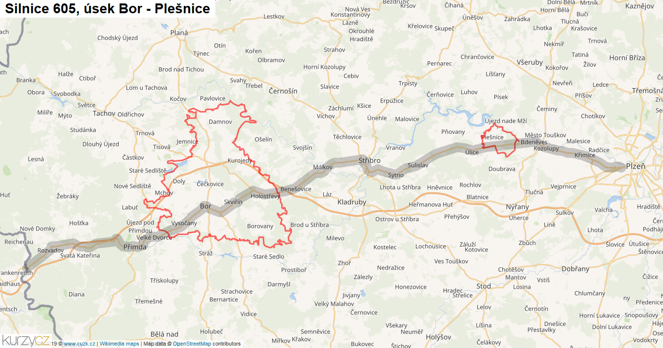Úsek Bor - Plešnice, Silnice 605 - Mapa