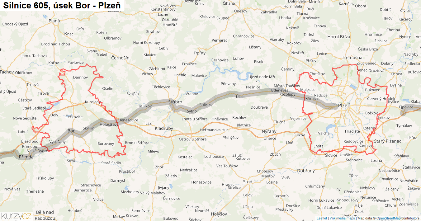 Úsek Bor - Plzeň, Silnice 605 - Mapa