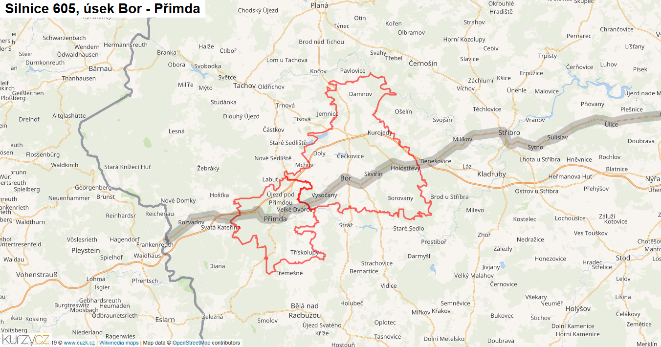 Úsek Bor - Přimda, Silnice 605 - Mapa