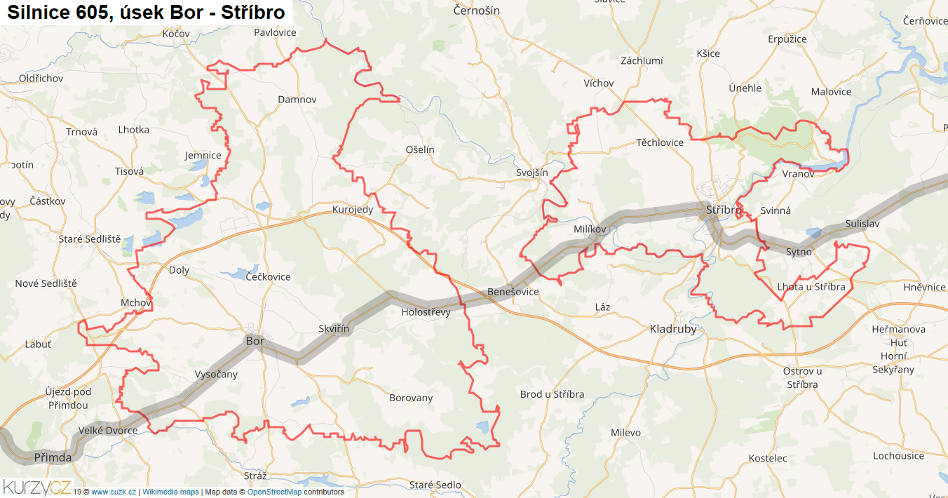 Úsek Bor - Stříbro, Silnice 605 - Mapa