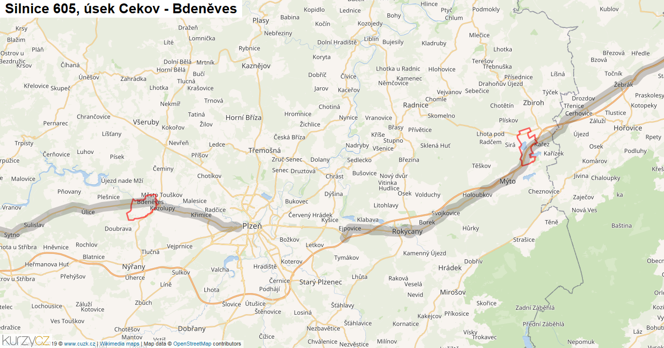 Úsek Cekov - Bdeněves, Silnice 605 - Mapa