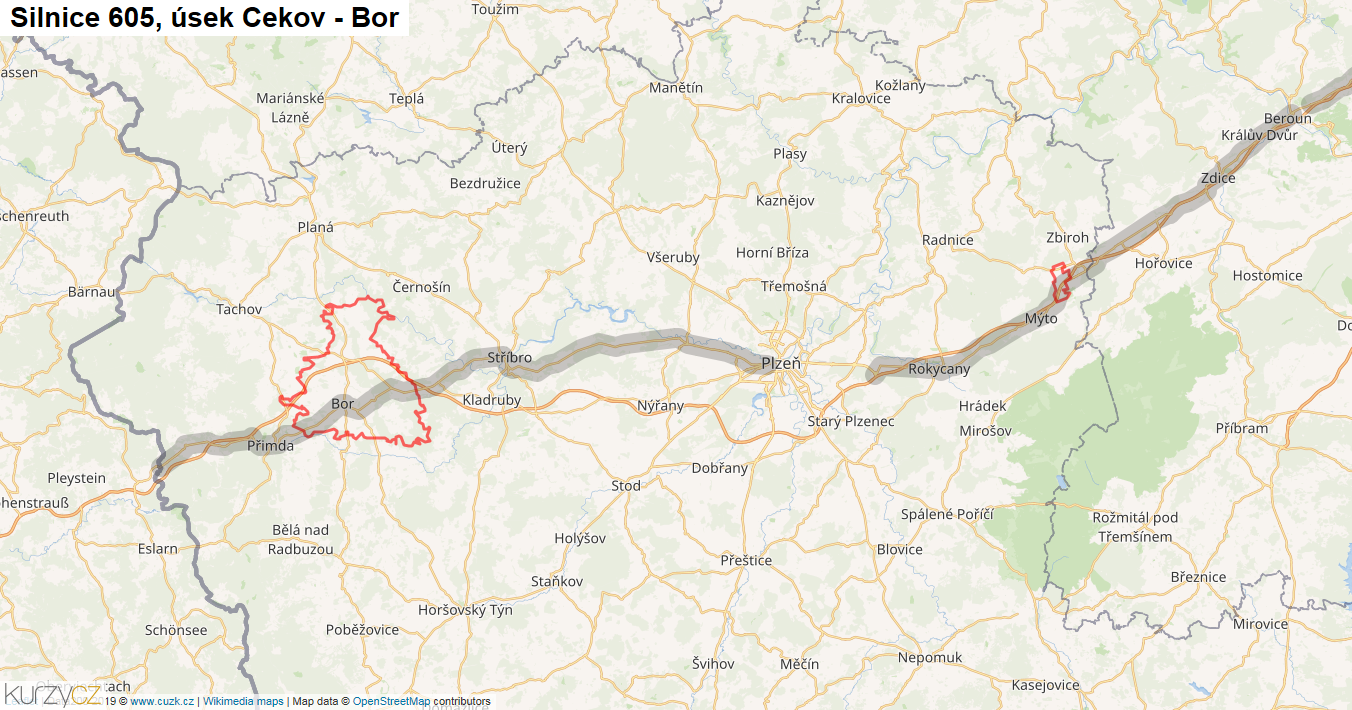 Úsek Cekov - Bor, Silnice 605 - Mapa