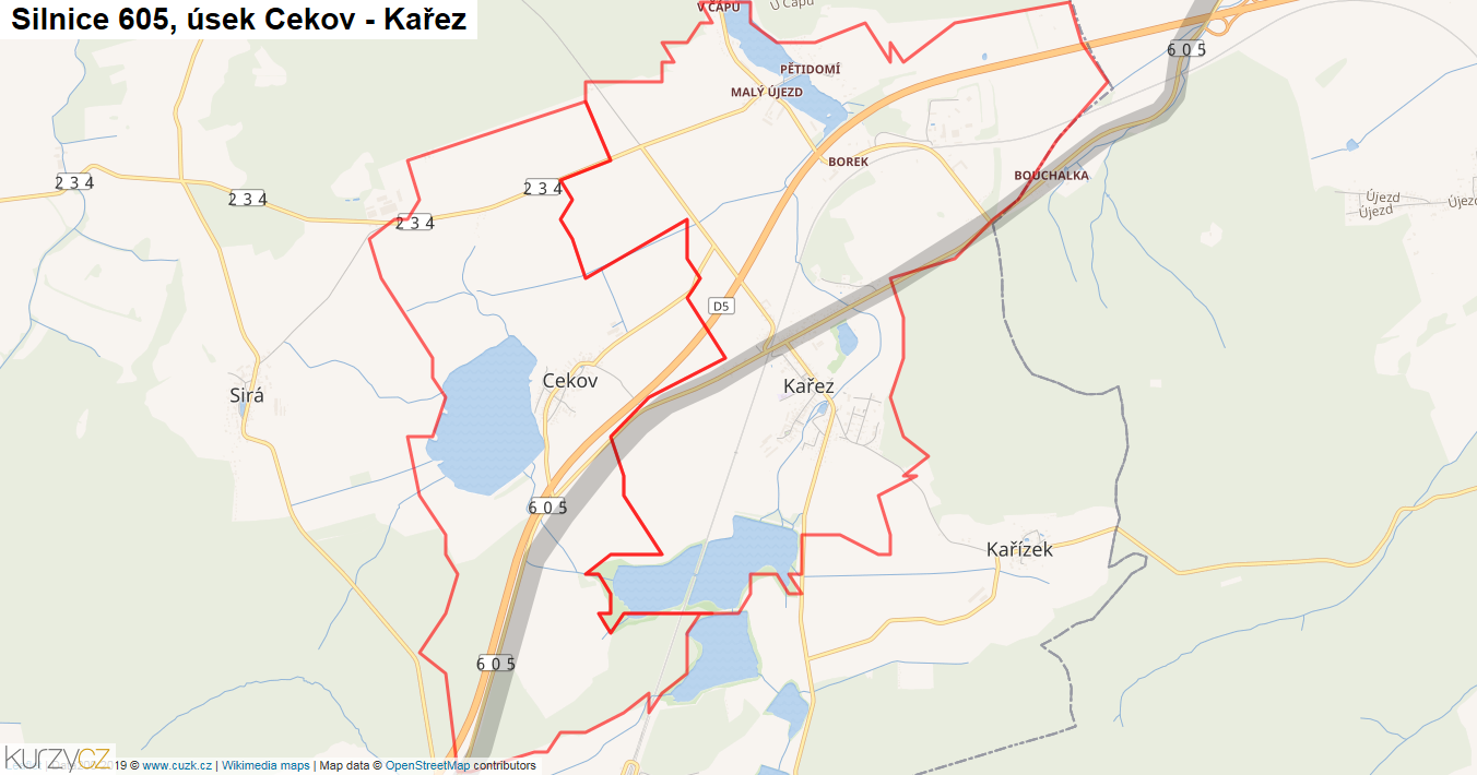 Úsek Cekov - Kařez, Silnice 605 - Mapa