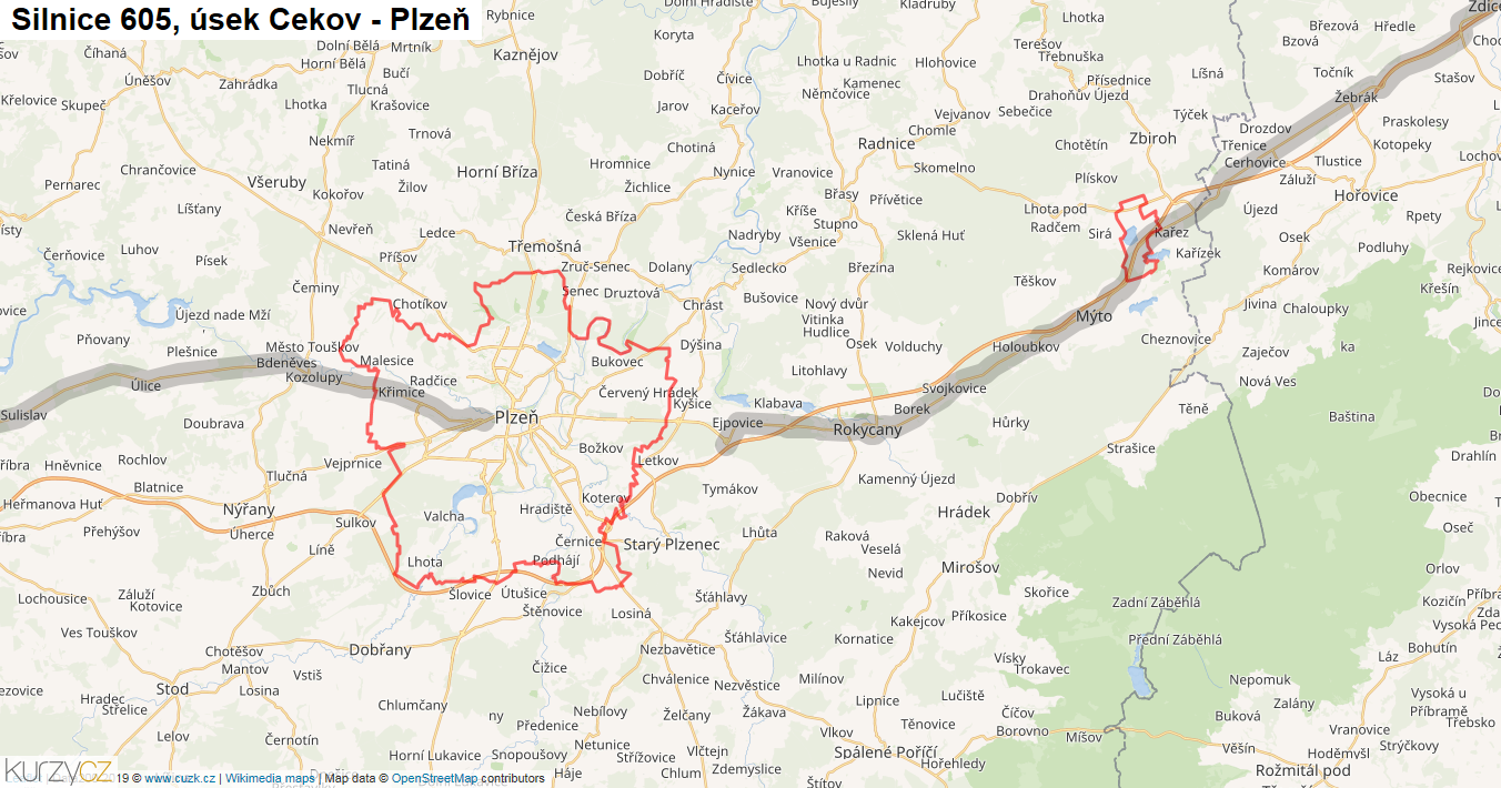 Úsek Cekov - Plzeň, Silnice 605 - Mapa