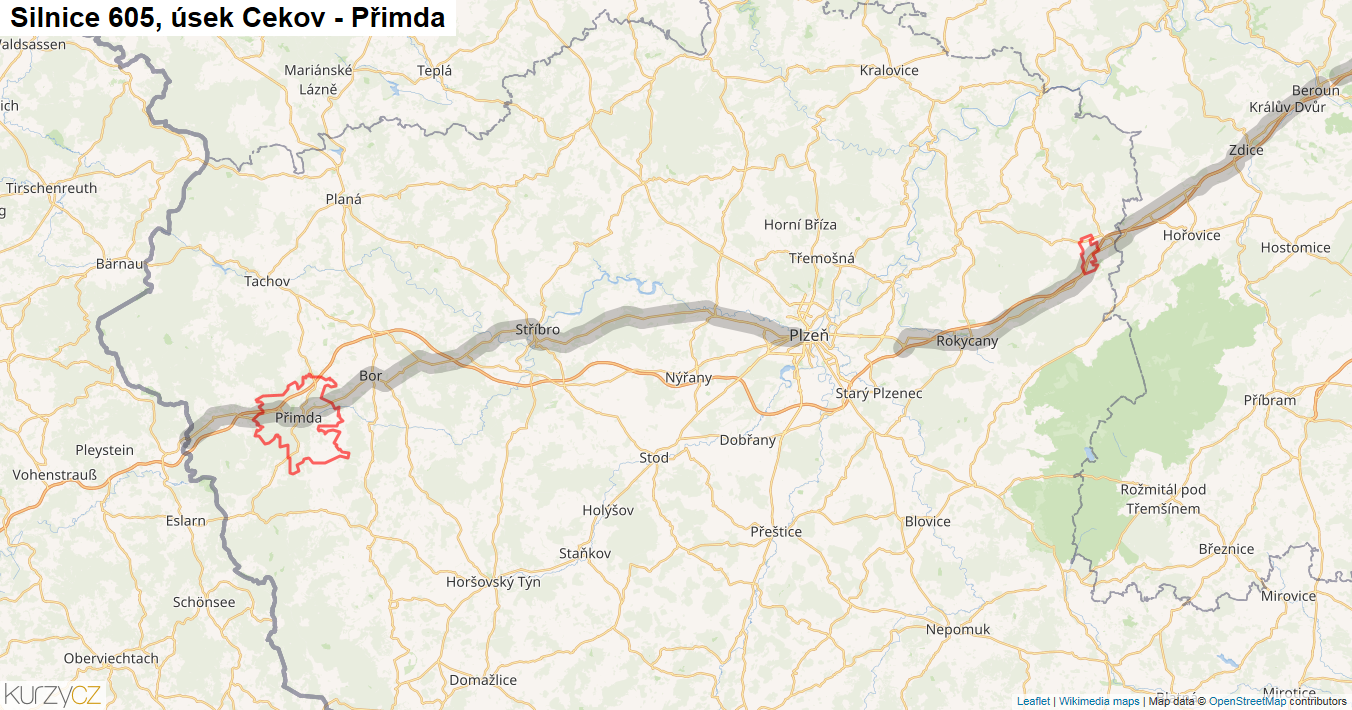 Úsek Cekov - Přimda, Silnice 605 - Mapa