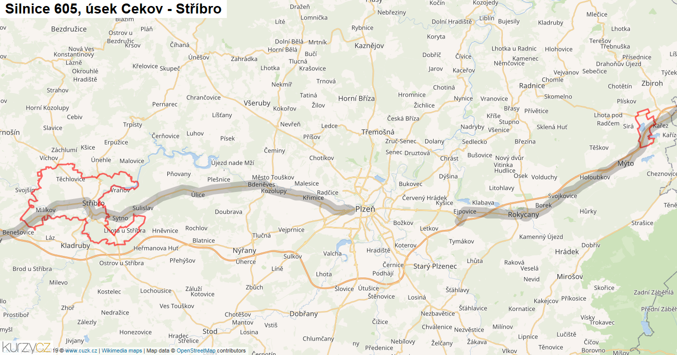 Úsek Cekov - Stříbro, Silnice 605 - Mapa