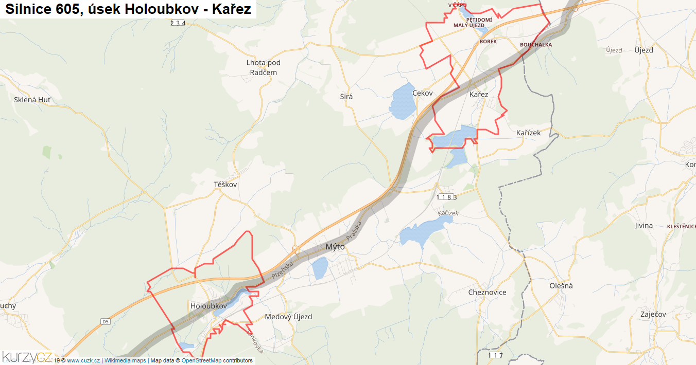 Úsek Holoubkov - Kařez, Silnice 605 - Mapa