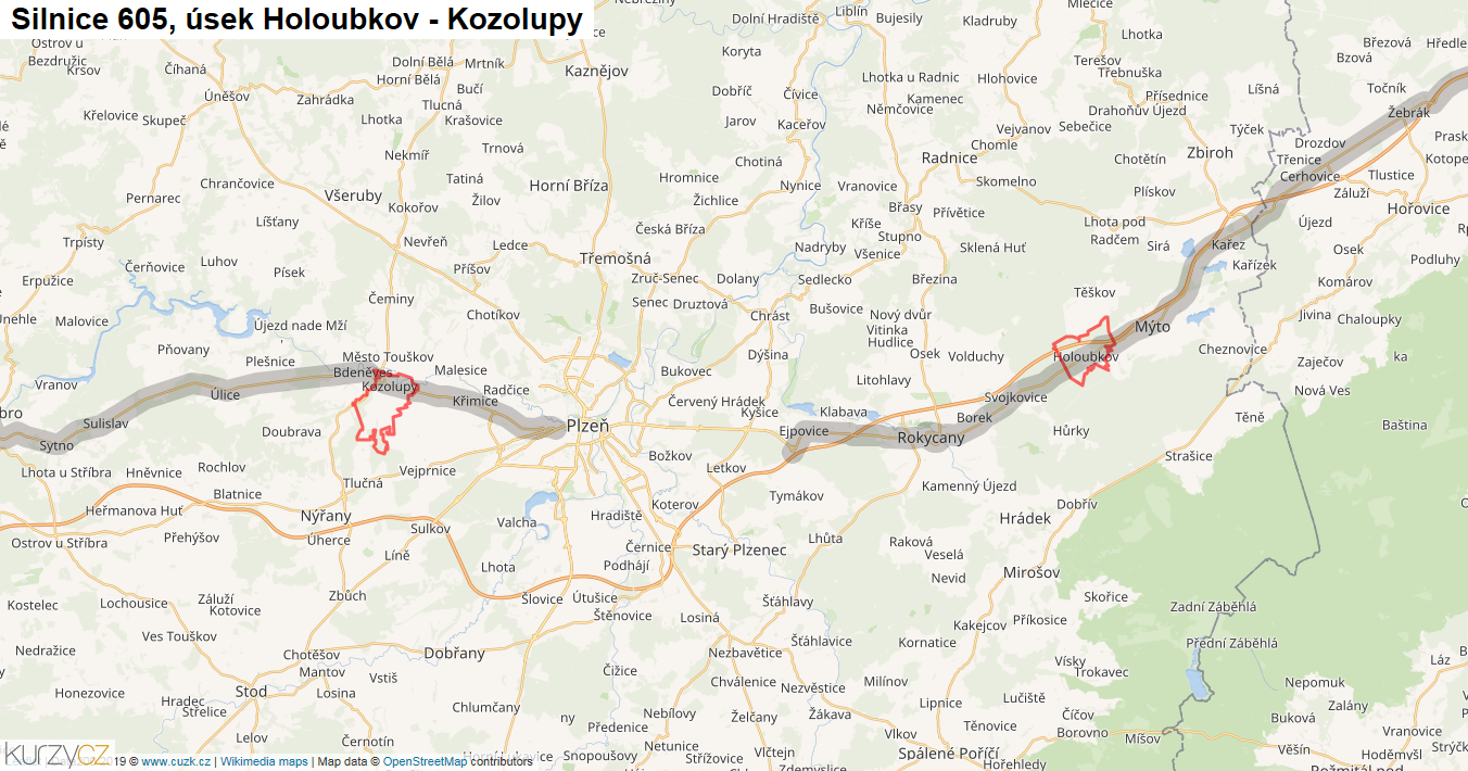 Úsek Holoubkov - Kozolupy, Silnice 605 - Mapa