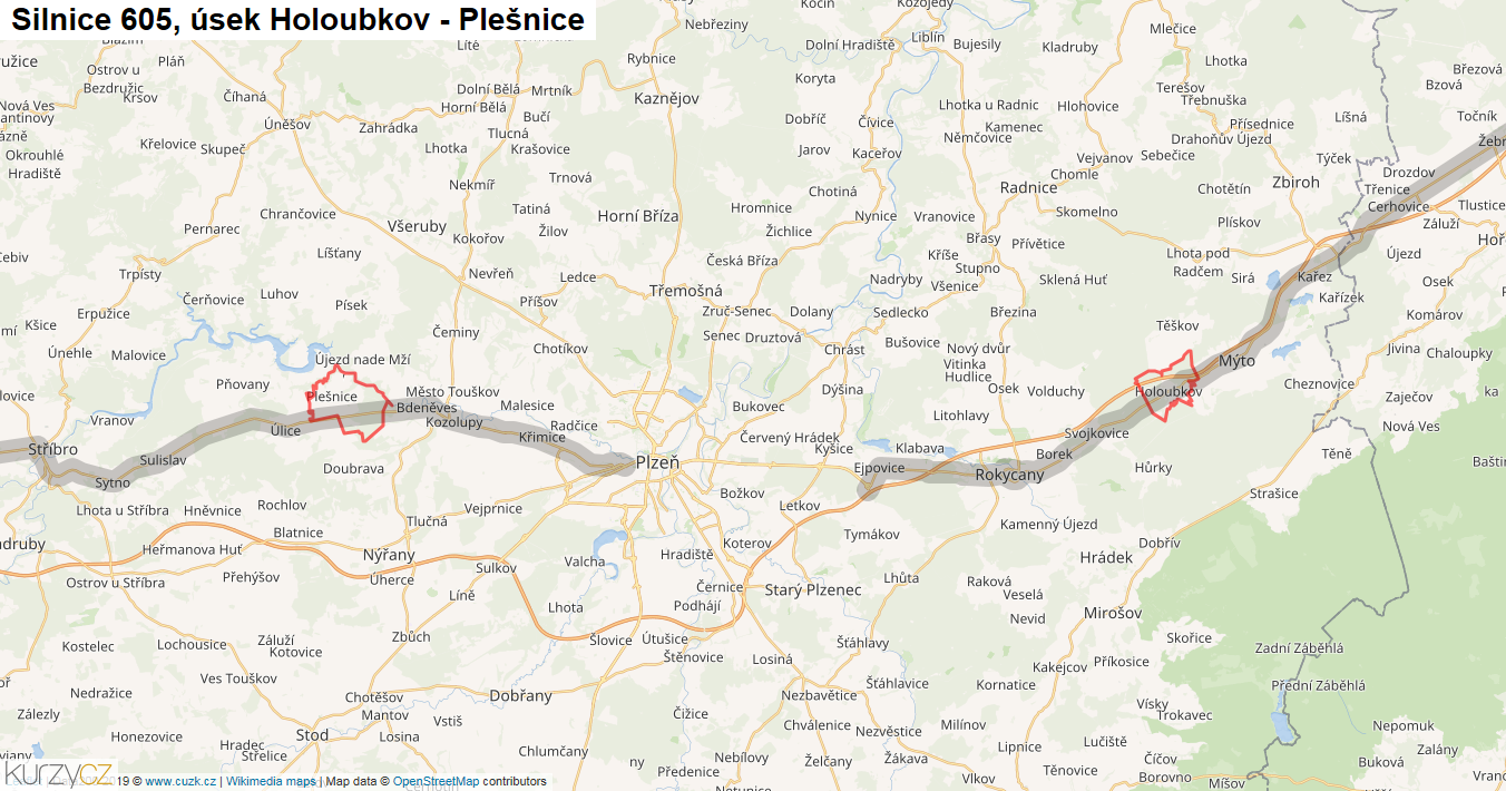 Úsek Holoubkov - Plešnice, Silnice 605 - Mapa