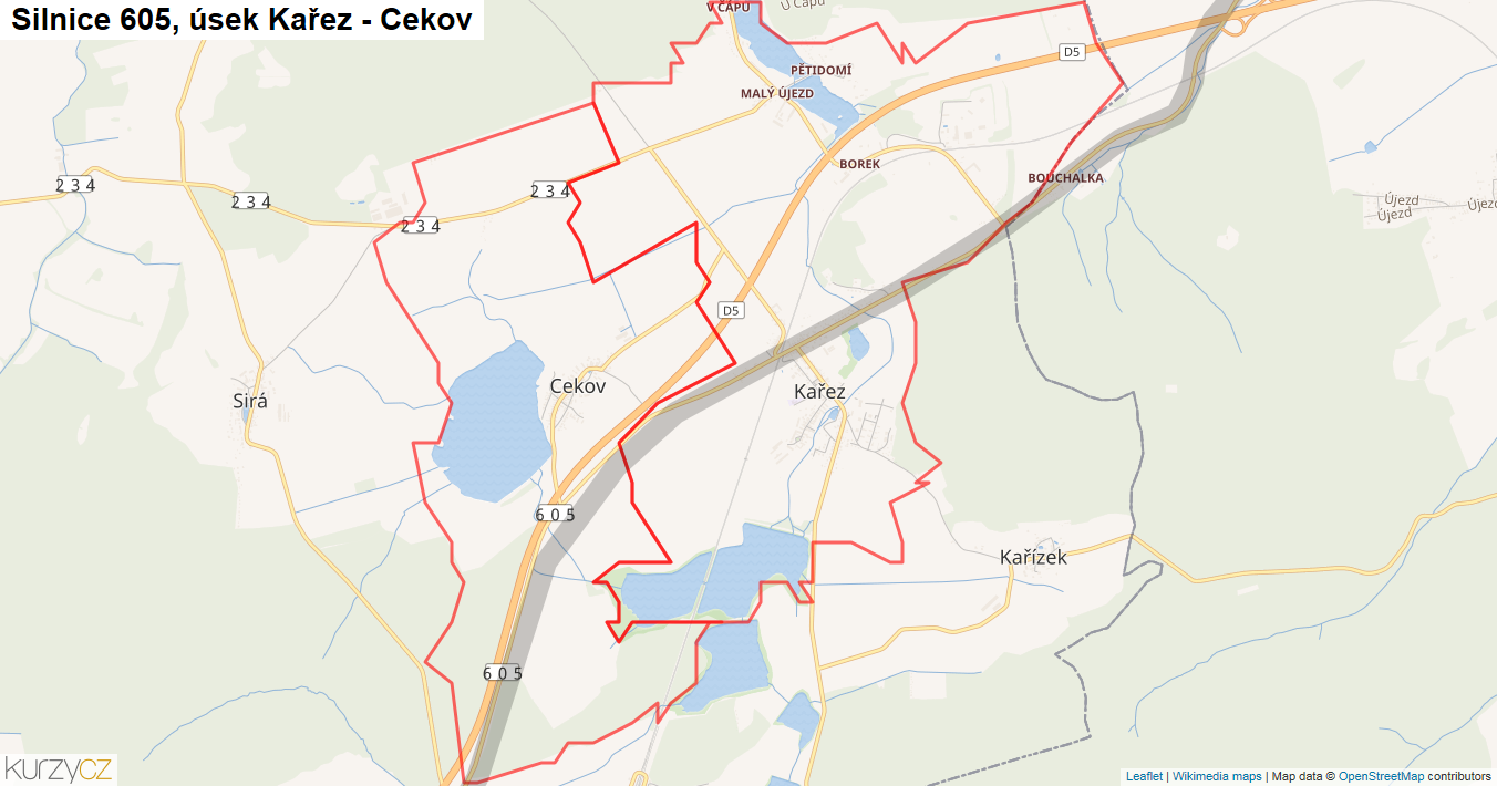 Úsek Kařez - Cekov, Silnice 605 - Mapa