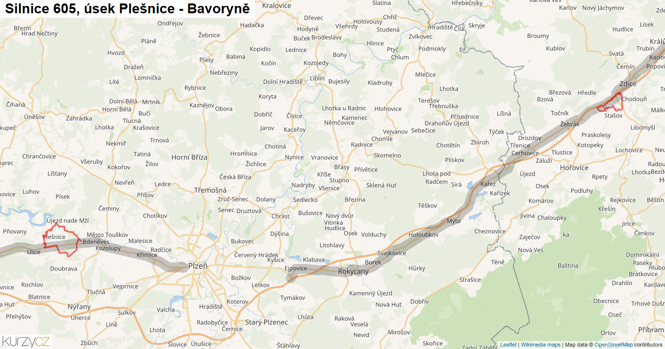 Úsek Plešnice - Bavoryně, Silnice 605 - Mapa