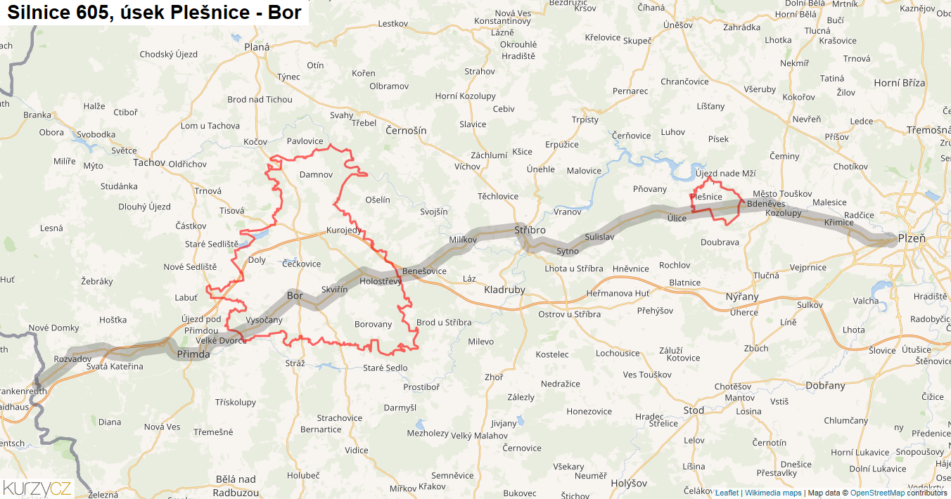 Úsek Plešnice - Bor, Silnice 605 - Mapa
