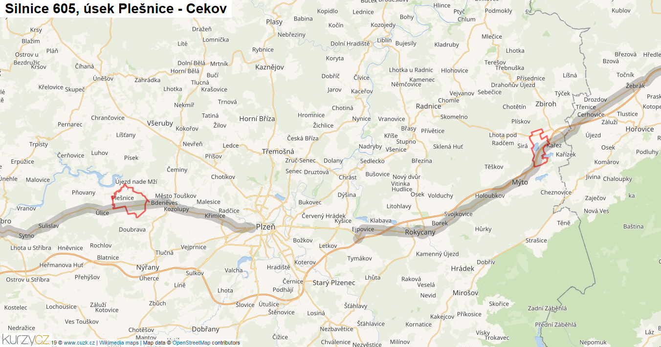 Úsek Plešnice - Cekov, Silnice 605 - Mapa