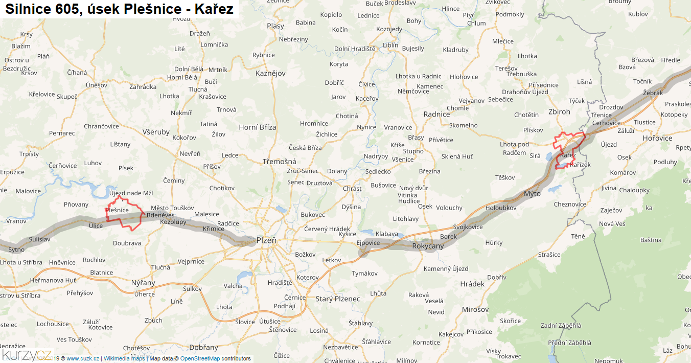 Úsek Plešnice - Kařez, Silnice 605 - Mapa