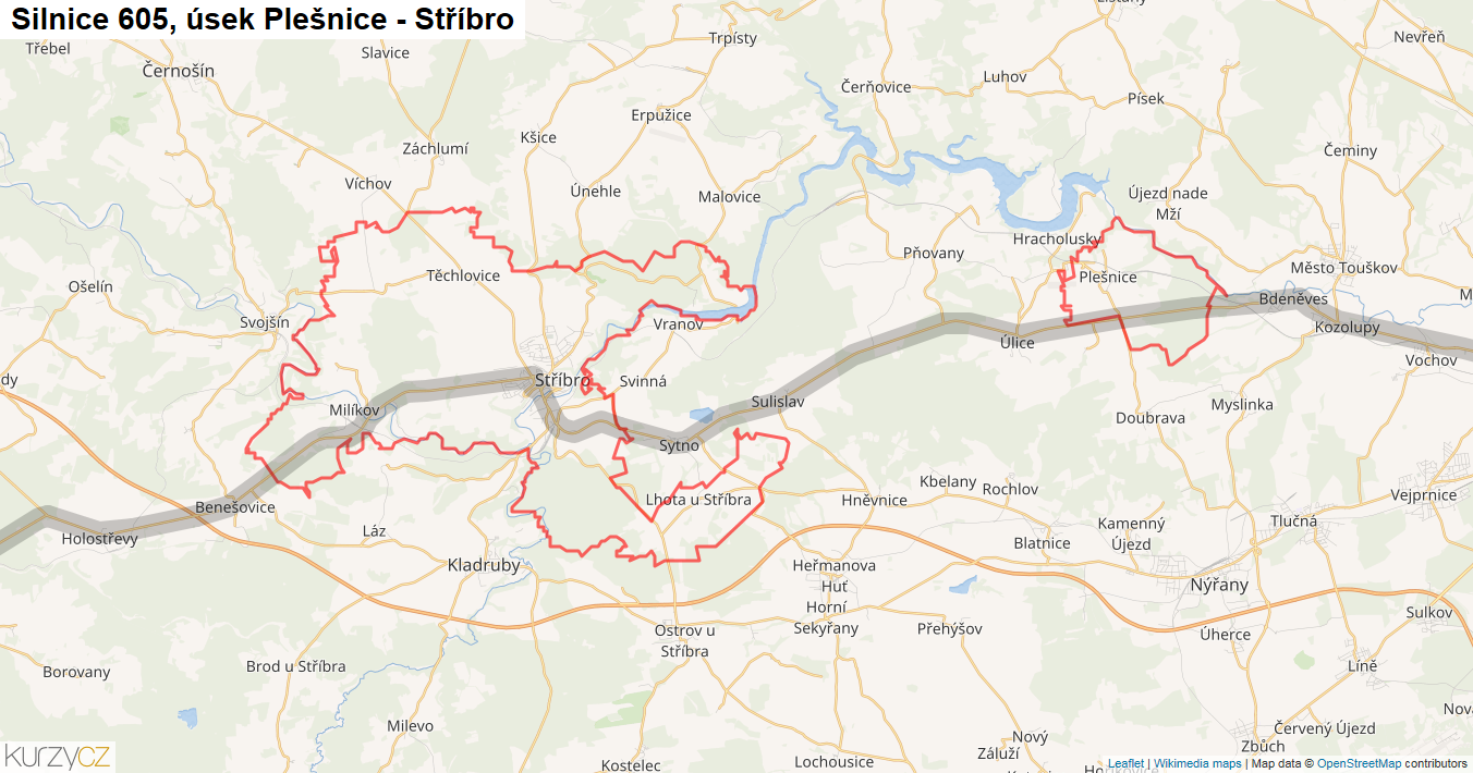 Úsek Plešnice - Stříbro, Silnice 605 - Mapa