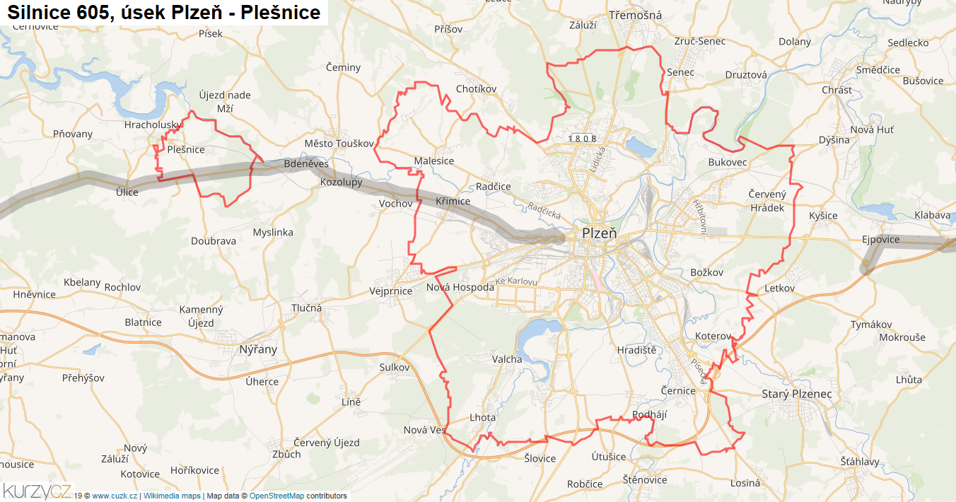 Úsek Plzeň - Plešnice, Silnice 605 - Mapa