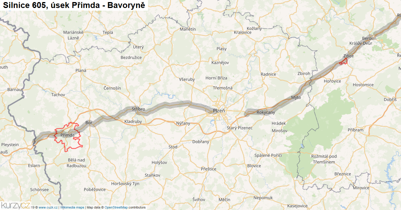 Úsek Přimda - Bavoryně, Silnice 605 - Mapa