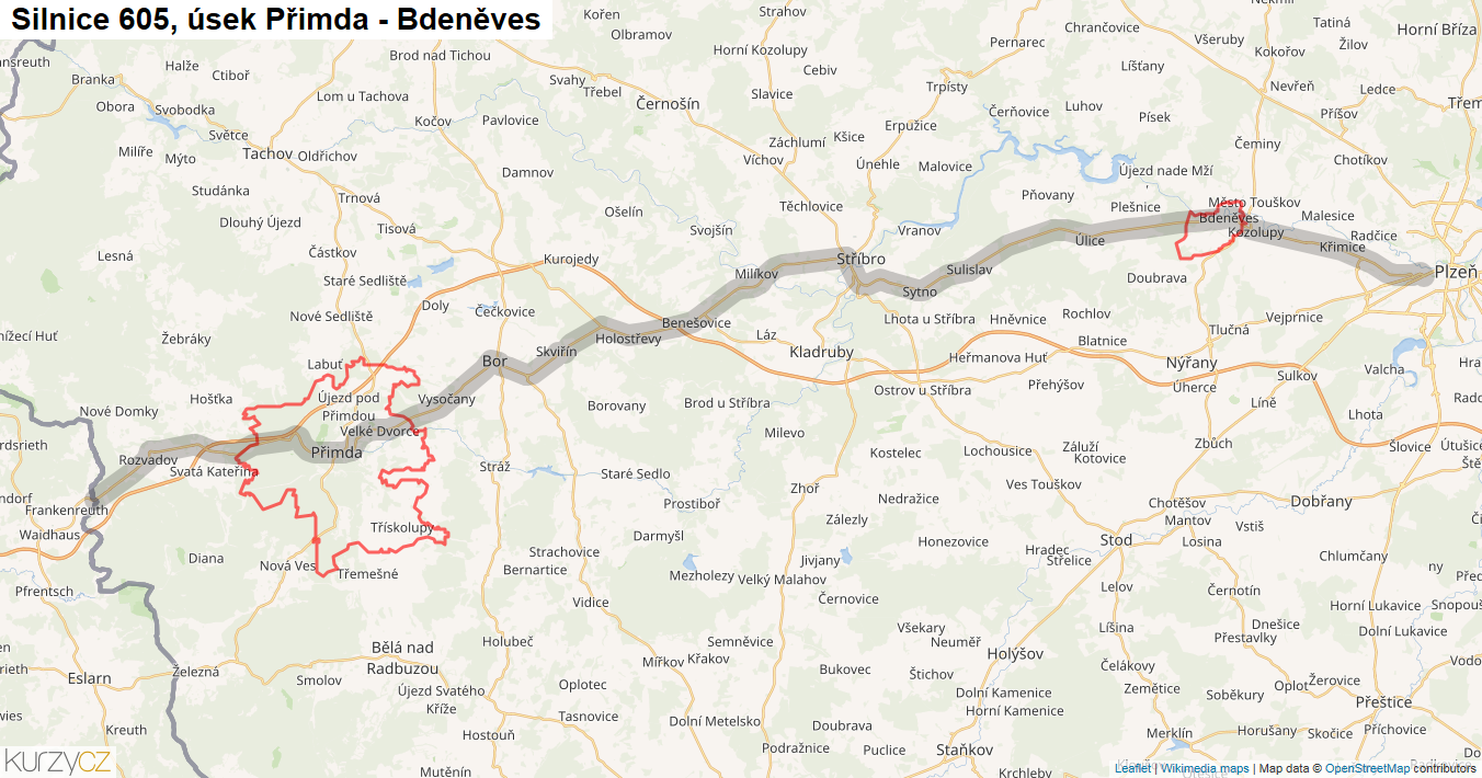 Úsek Přimda - Bdeněves, Silnice 605 - Mapa