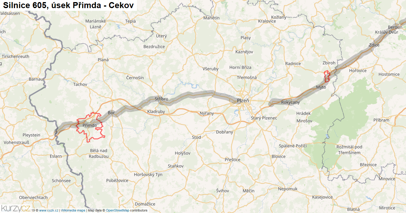 Úsek Přimda - Cekov, Silnice 605 - Mapa