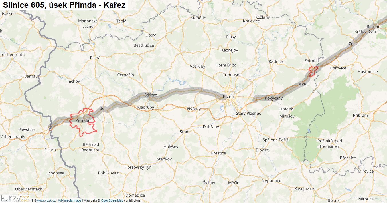 Úsek Přimda - Kařez, Silnice 605 - Mapa