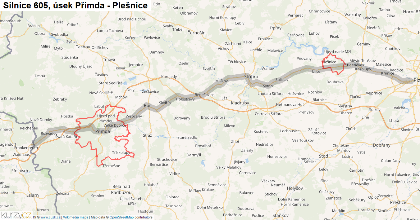 Úsek Přimda - Plešnice, Silnice 605 - Mapa