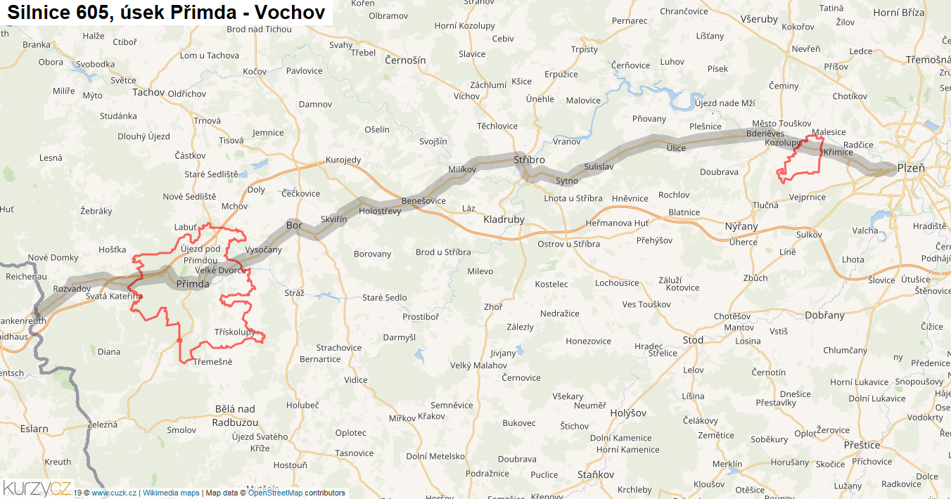 Úsek Přimda - Vochov, Silnice 605 - Mapa