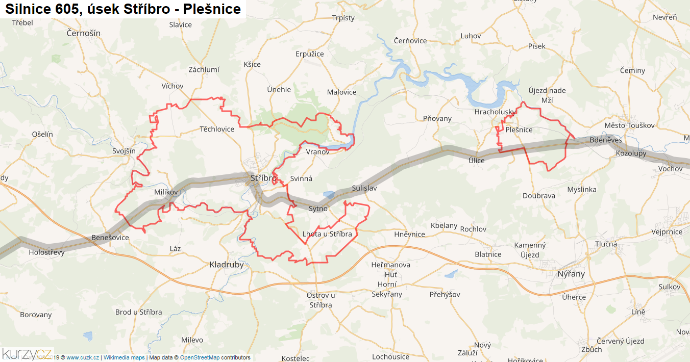 Úsek Stříbro - Plešnice, Silnice 605 - Mapa