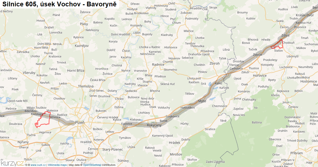 Úsek Vochov - Bavoryně, Silnice 605 - Mapa