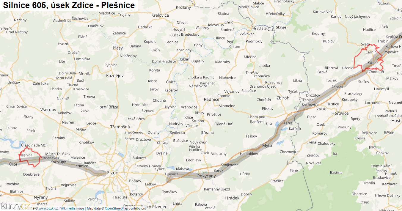 Úsek Zdice - Plešnice, Silnice 605 - Mapa