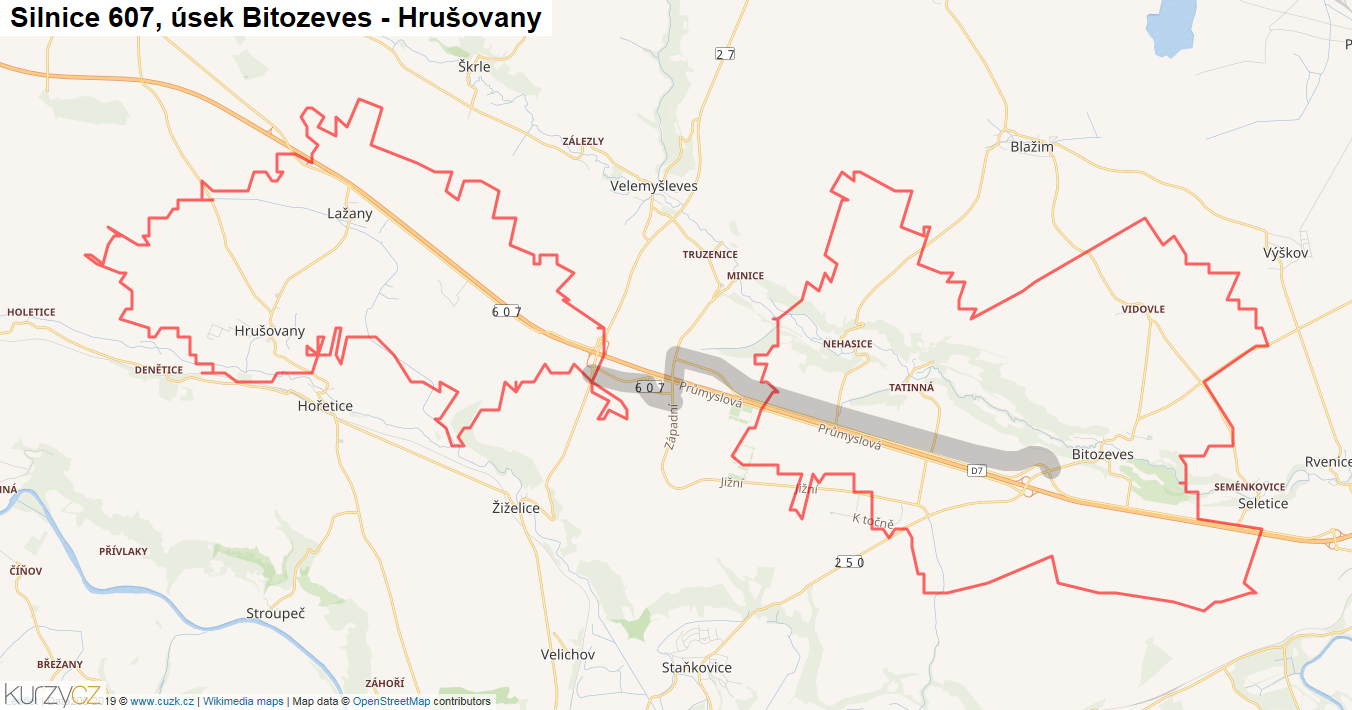 Úsek Bitozeves - Hrušovany, Silnice 607 - Mapa