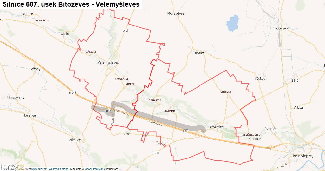 Úsek Bitozeves - Velemyšleves, Silnice 607 - Mapa