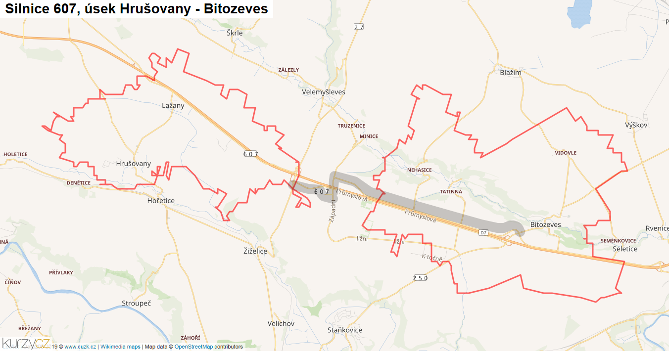 Úsek Hrušovany - Bitozeves, Silnice 607 - Mapa