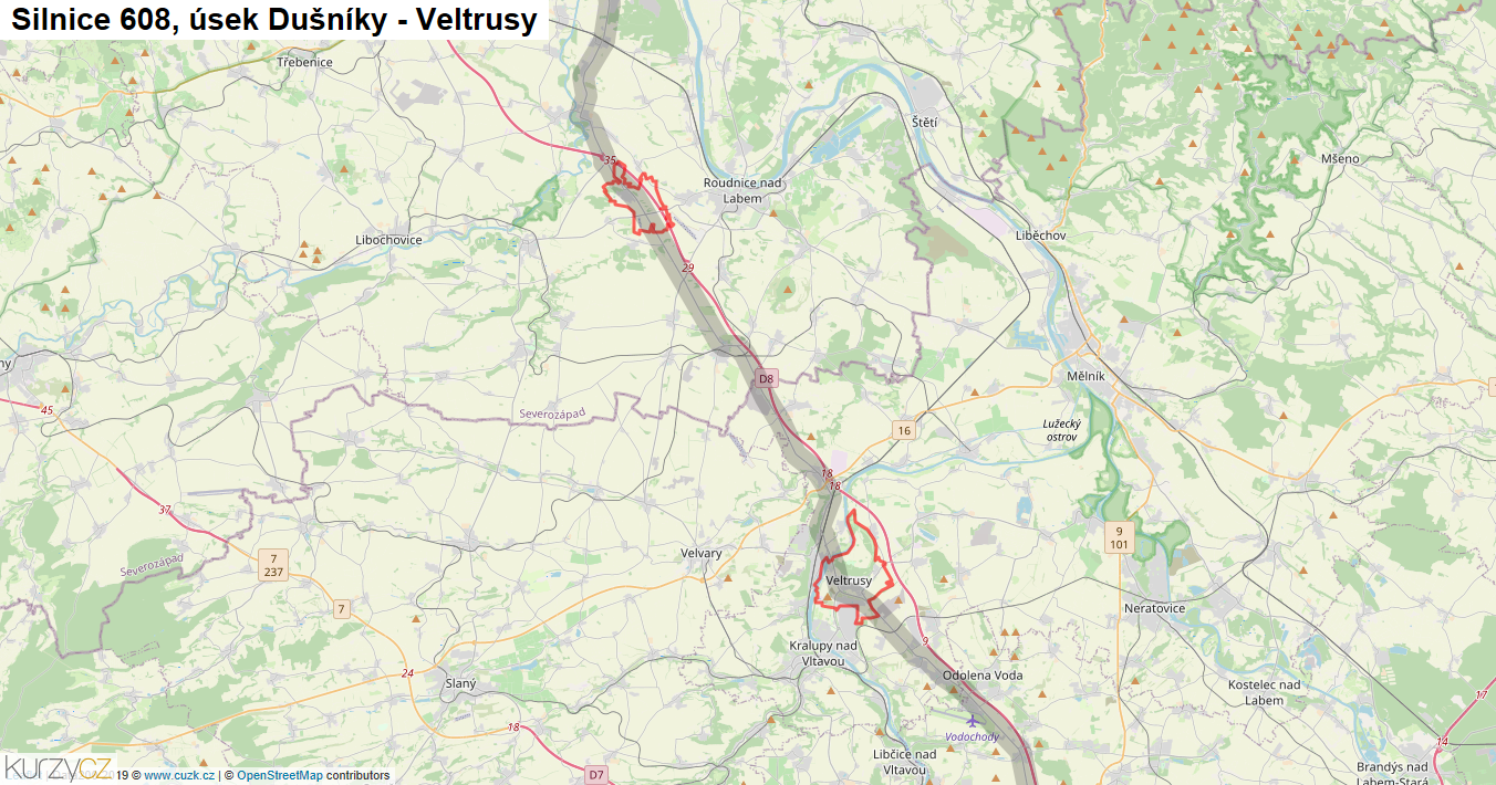 Úsek Dušníky - Veltrusy, Silnice 608 - Mapa