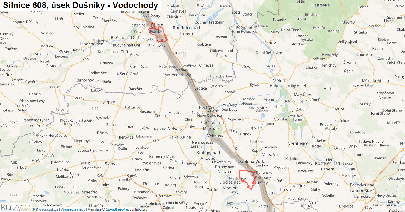 Úsek Dušníky - Vodochody, Silnice 608 - Mapa