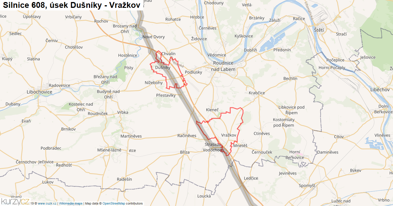Úsek Dušníky - Vražkov, Silnice 608 - Mapa