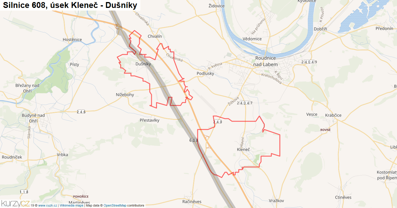 Úsek Kleneč - Dušníky, Silnice 608 - Mapa