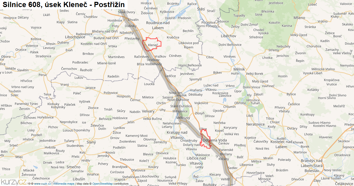 Úsek Kleneč - Postřižín, Silnice 608 - Mapa