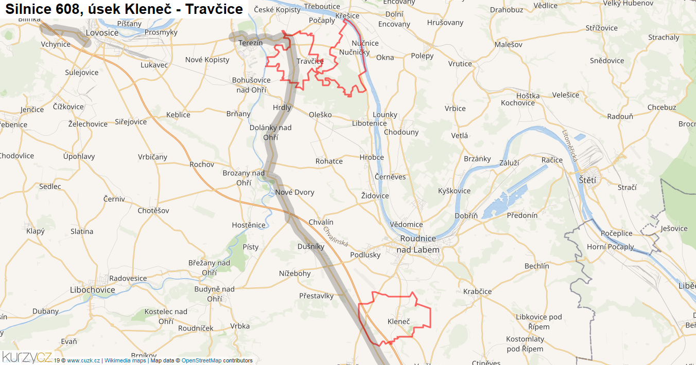 Úsek Kleneč - Travčice, Silnice 608 - Mapa