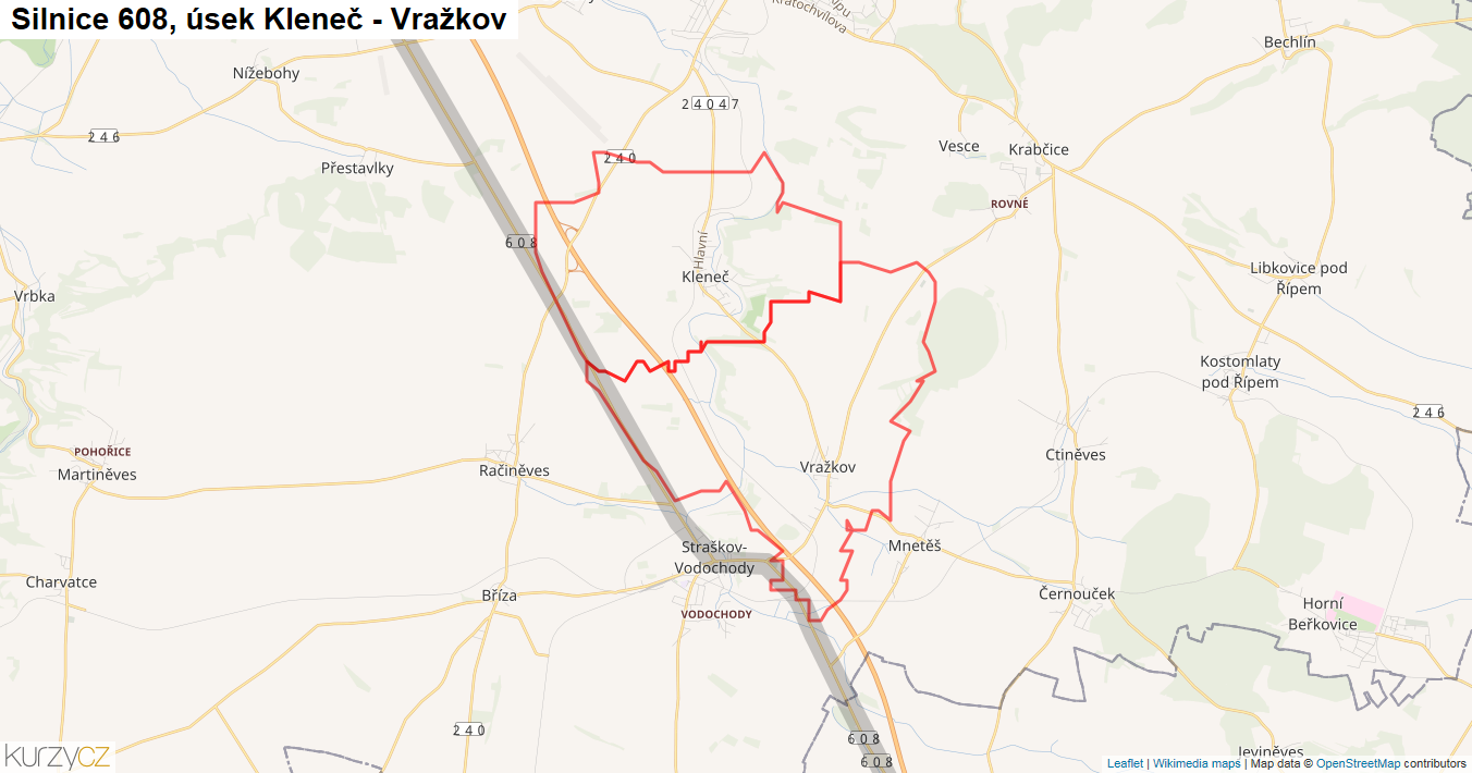 Úsek Kleneč - Vražkov, Silnice 608 - Mapa