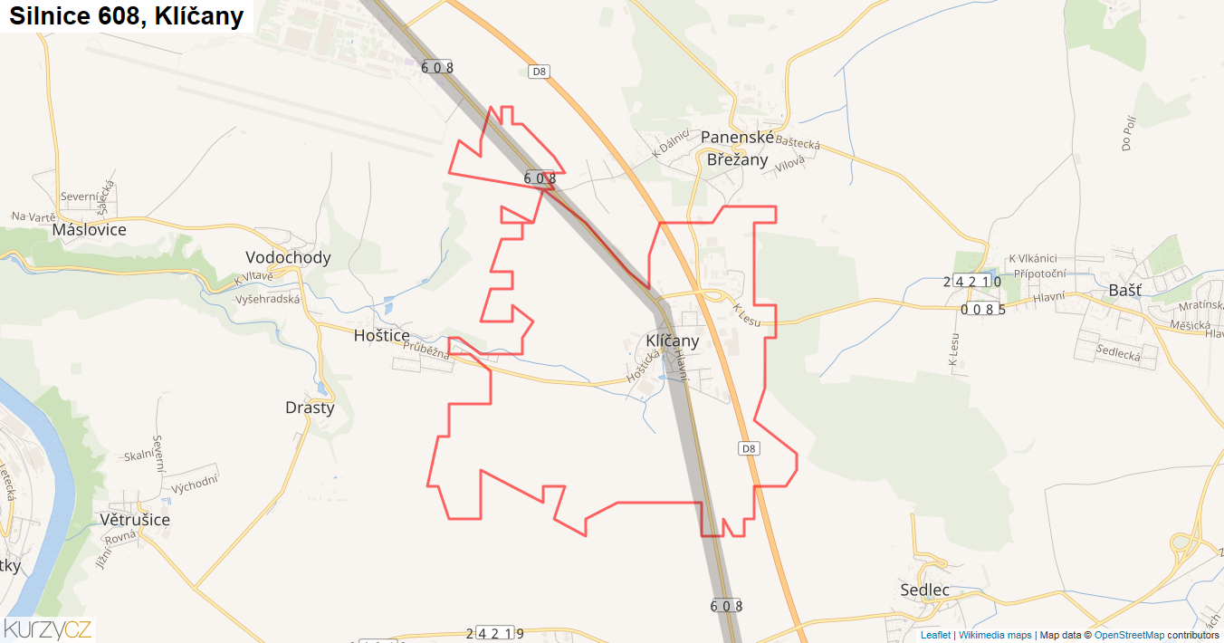 Klíčany, Silnice 608 - Mapa